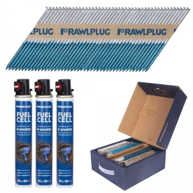Gwoździe do drewna 2,8x70mm ocynkowane, pierścieniowe na papierze 3300 sztuk + 3x gaz do gwoździarki WW90II Rawlplug R‑DRG‑2870‑”