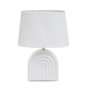 Lampka stołowa ceramiczna biała z abażurem tkaninowym 31 cm podstawa łuk 1043282 Lampka stołowa ceramiczna biała z abażurem tkaninowym 31 cm podstawa łuk 1043282