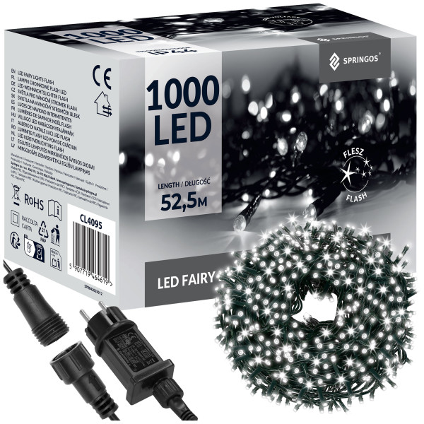 Lampki choinkowe 1000 LED 50 m zimny biały + flash zewn. 347128