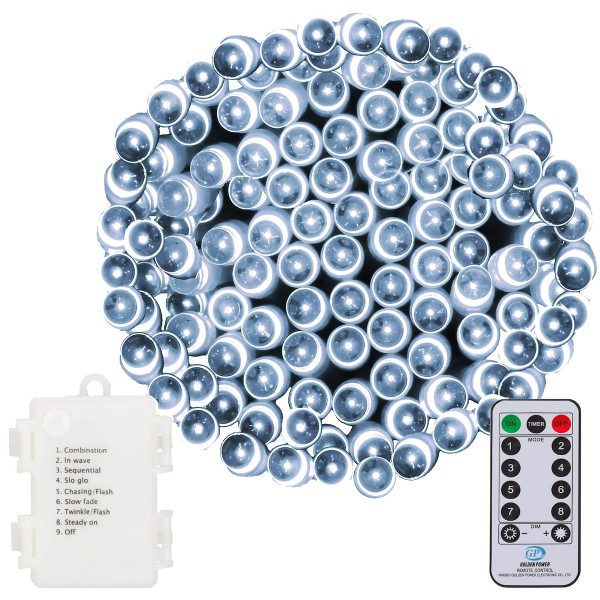 Lampki choinkowe 120 Led biały zimny z pilotem na baterie 325034