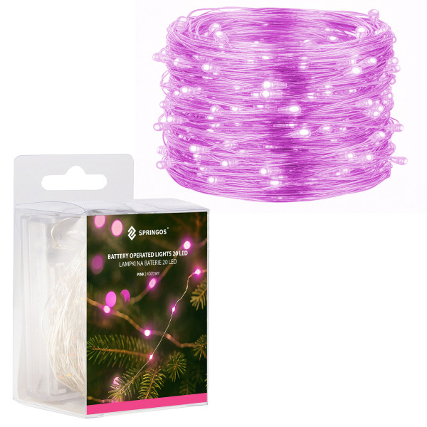 Lampki choinkowe 20 LED druciki mikro na baterie różowe 335973