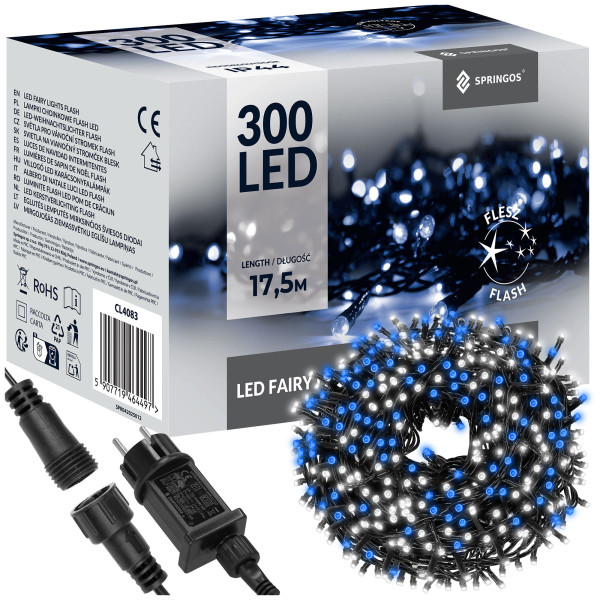 Lampki choinkowe 300 LED 15 m niebieski + biały zimny flash zewnętrzne 347097