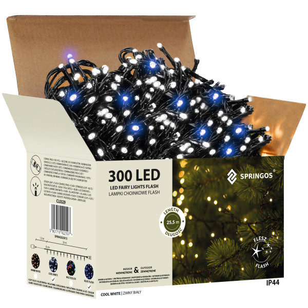 Lampki choinkowe 300led zimny biały flash niebieski 25,5 m IP44 335945