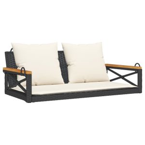 Ławka bujana z poduszkami, czarna, 109x62x40 cm, polirattan 561123 Ławka bujana z poduszkami, czarna, 109x62x40 cm, polirattan 561123