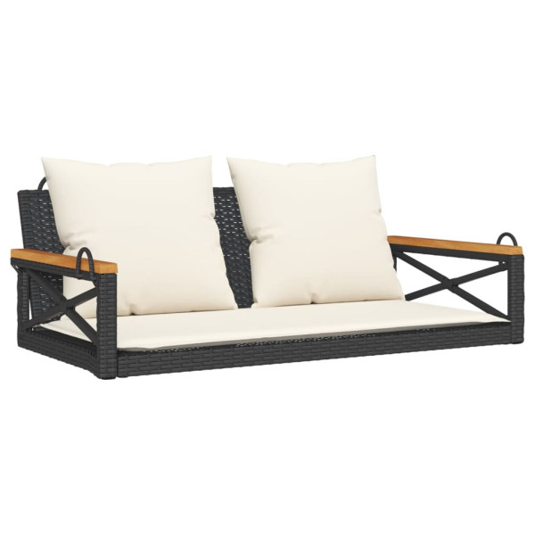 Ławka bujana z poduszkami, czarna, 109x62x40 cm, polirattan 561123