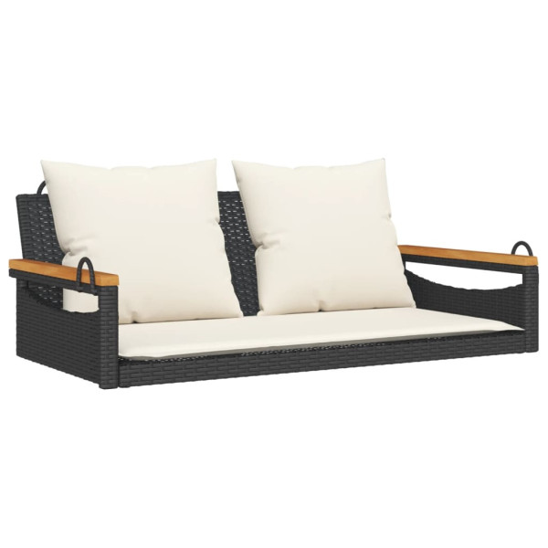 Ławka bujana z poduszkami, czarna, 109x62x40 cm, polirattan 561121
