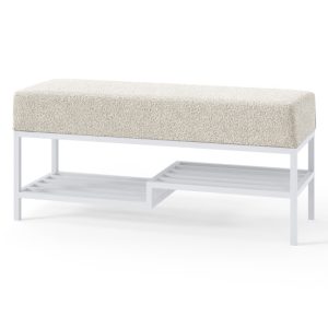 Ławka Seli 100 cm biała beżowe siedzisko z półką loft 1067084 Ławka Seli 100 cm biała beżowe siedzisko z półką loft 1067084