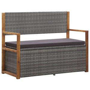 Ławka ze schowkiem, 115 cm, rattan PE i drewno akacjowe, szara 560893 Ławka ze schowkiem, 115 cm, rattan PE i drewno akacjowe, szara 560893