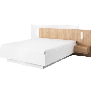 Łóżko do sypialni ze stolikami WOOD biały mat + dąb craft Stelaż metalowy 521735 Łóżko do sypialni ze stolikami WOOD biały mat + dąb craft Stelaż metalowy 521735