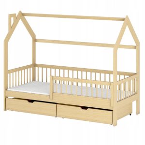 Łóżko domek z barierkami ochronnymi i stelażem OSKAR 80×190 sosna 869110