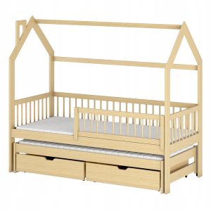 Łóżko domek z szufladami na zabawki i stelażem flex PAPI 80×180 sosna 869128