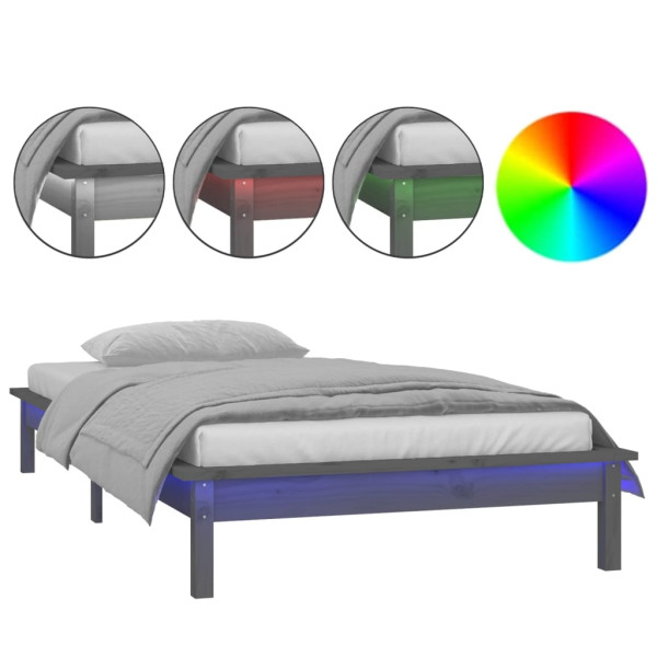 Łóżko Drewniane 75x190 Szare z LED Rama Łóżka Jednoosobowe do Sypialni 1103253