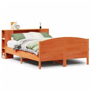 Łóżko Drewniane z Regałem Brązowe Rama Łóżka Ze Stelażem 135×190 cm 842070 Łóżko Drewniane z Regałem Brązowe Rama Łóżka Ze Stelażem 135×190 cm 842070