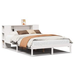 Łóżko Drewniane z Regałem Rama Łóżka Ze Stelażem Biała 135×190 cm 842737 Łóżko Drewniane z Regałem Rama Łóżka Ze Stelażem Biała 135×190 cm 842737
