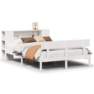 Łóżko Drewniane z Regałem Rama Łóżka Ze Stelażem Biała 135×190 cm 843008 Łóżko Drewniane z Regałem Rama Łóżka Ze Stelażem Biała 135×190 cm 843008