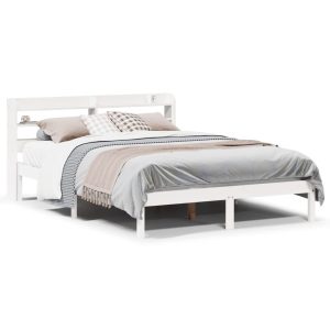 Łóżko Drewniane z Regałem Rama Łóżka Ze Stelażem Biała 135×190 cm 843274 Łóżko Drewniane z Regałem Rama Łóżka Ze Stelażem Biała 135×190 cm 843274