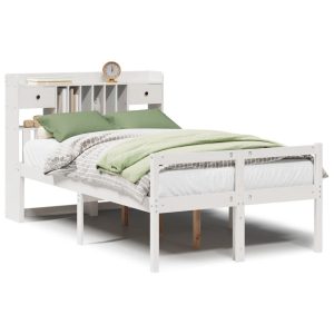Łóżko Drewniane z Regałem Rama Łóżka Ze Stelażem Biała 135×190 cm 843539 Łóżko Drewniane z Regałem Rama Łóżka Ze Stelażem Biała 135×190 cm 843539