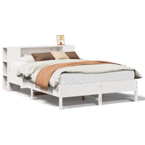 Łóżko Drewniane z Regałem Rama Łóżka Ze Stelażem Biała 135×190 cm 845393 Łóżko Drewniane z Regałem Rama Łóżka Ze Stelażem Biała 135×190 cm 845393