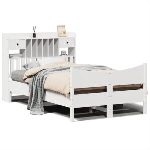 Łóżko Drewniane z Regałem Rama Łóżka Ze Stelażem Biała 135×190 cm 830724 Łóżko Drewniane z Regałem Rama Łóżka Ze Stelażem Biała 135×190 cm 830724