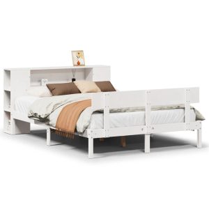 Łóżko Drewniane z Regałem Rama Łóżka Ze Stelażem Biała 140×190 cm 842202 Łóżko Drewniane z Regałem Rama Łóżka Ze Stelażem Biała 140×190 cm 842202