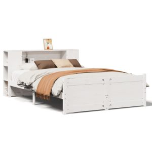 Łóżko Drewniane z Regałem Rama Łóżka Ze Stelażem Biała 140×190 cm 842367 Łóżko Drewniane z Regałem Rama Łóżka Ze Stelażem Biała 140×190 cm 842367