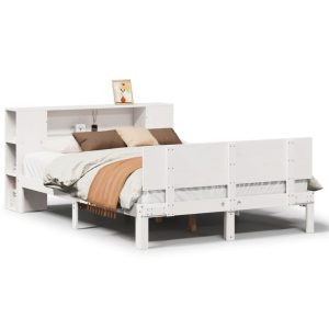 Łóżko Drewniane z Regałem Rama Łóżka Ze Stelażem Biała 150×200 cm 842097 Łóżko Drewniane z Regałem Rama Łóżka Ze Stelażem Biała 150×200 cm 842097