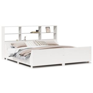 Łóżko Drewniane z Regałem Rama Łóżka Ze Stelażem Biała 180×200 cm 843309 Łóżko Drewniane z Regałem Rama Łóżka Ze Stelażem Biała 180×200 cm 843309