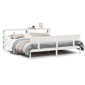 Łóżko Drewniane z Regałem Rama Łóżka Ze Stelażem Biała 180×200 cm 843802 Łóżko Drewniane z Regałem Rama Łóżka Ze Stelażem Biała 180×200 cm 843802