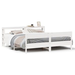 Łóżko Drewniane z Regałem Rama Łóżka Ze Stelażem Biała 180×200 cm 842361 Łóżko Drewniane z Regałem Rama Łóżka Ze Stelażem Biała 180×200 cm 842361