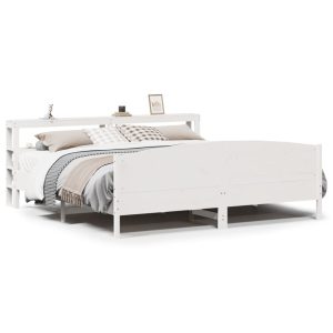 Łóżko Drewniane z Regałem Rama Łóżka Ze Stelażem Biała 180×200 cm 842408 Łóżko Drewniane z Regałem Rama Łóżka Ze Stelażem Biała 180×200 cm 842408