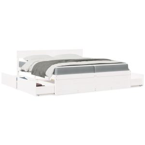 Łóżko Drewniane z Szufladami Rama Łóżka Ze Stelażem Biała 200×200 cm 841750 Łóżko Drewniane z Szufladami Rama Łóżka Ze Stelażem Biała 200×200 cm 841750