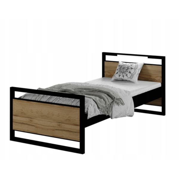 Łóżko młodzieżowe Metalowe LOFT LED 180x90 Dąb Craft Złoty + Materac 757684