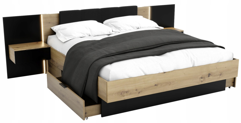Łóżko Nowoczesne Z Szufladami 160X200 Led Podwójne Dąb 221880