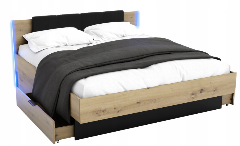 Łóżko Nowoczesne Z Szufladami 160X200 Led Podwójne Dąb 221861