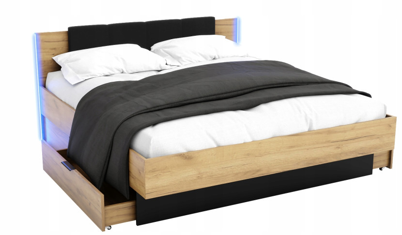 Łóżko Nowoczesne Z Szufladami 180X200 Led Podwójne Dąb Złoty 221879
