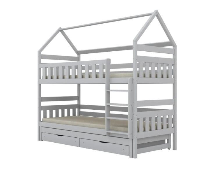 Łóżko piętrowe domek FELIKS 160x80 białe drewniane trzyosobowe z szufladami 950536