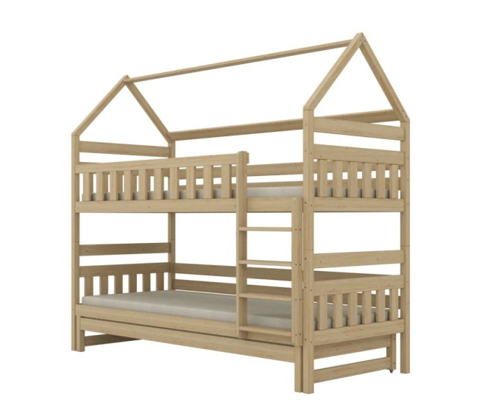 Łóżko piętrowe domek FELIKS 180x80 sosna lakierowana drewniane trzyosobowe 950490