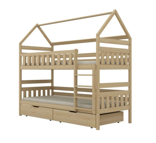 Łóżko piętrowe domek FELIKS 200x90 sosna lakierowana drewniane z szufladami 950043