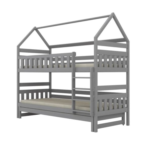 Łóżko piętrowe domek FELIKS 200x90 szare drewniane trzyosobowe 950551