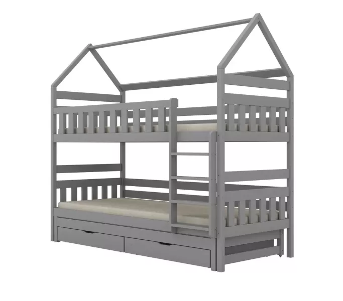 Łóżko piętrowe domek FELIKS 200x90 szare drewniane trzyosobowe z szufladami 950495