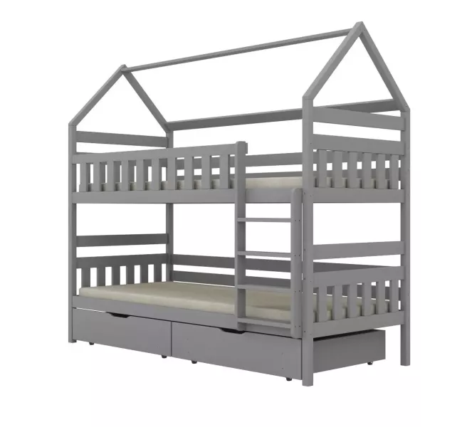 Łóżko piętrowe domek FELIKS 200x90 szare drewniane z szufladami 949955