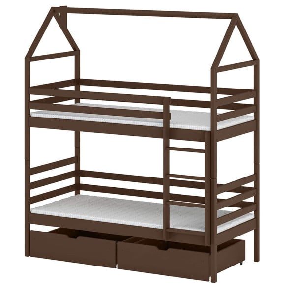 Łóżko piętrowe domek z drewna z 2 szufladami ALEX 80x200 ciemna czekolada 941869