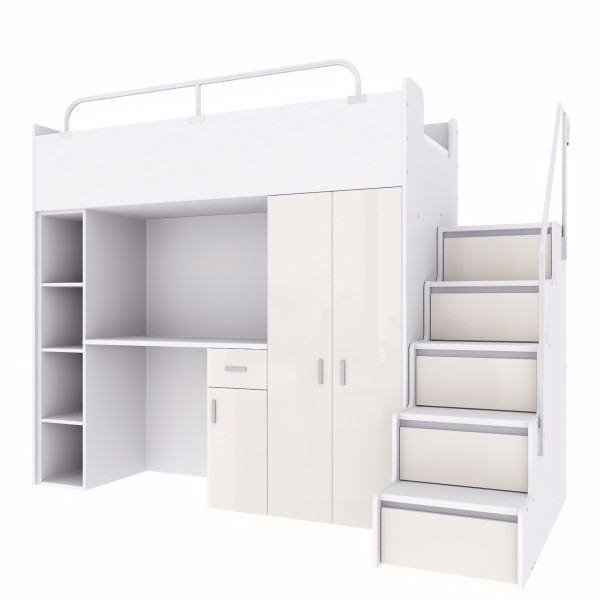 Łóżko piętrowe JSM4 80×190 z szafą i biurkiem biały ecru połysk 962622