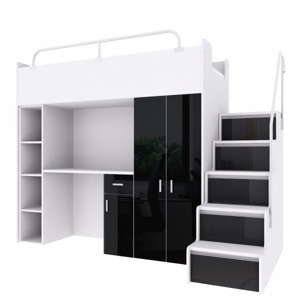 Łóżko piętrowe JSM4 80×190 z szafą i biurkiem czarny połysk 962626