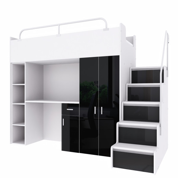 Łóżko piętrowe JSM4 90×200 z szafą i biurkiem czarny połysk 962655