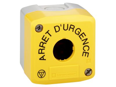 Pusta obudowa Harmony XALK , żółta, z szarą podstawą, 1 wywiercenie, ARRET D’URGENCE/logo ISO13850 | XALK01HFR Schneider Electric